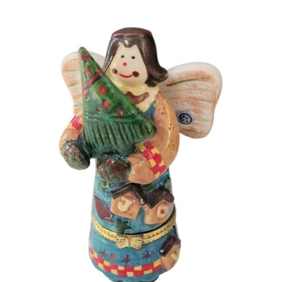 Trinket Box Adorable Porcelain Xmas Angel Holding a Tree - Picture 1 of 10